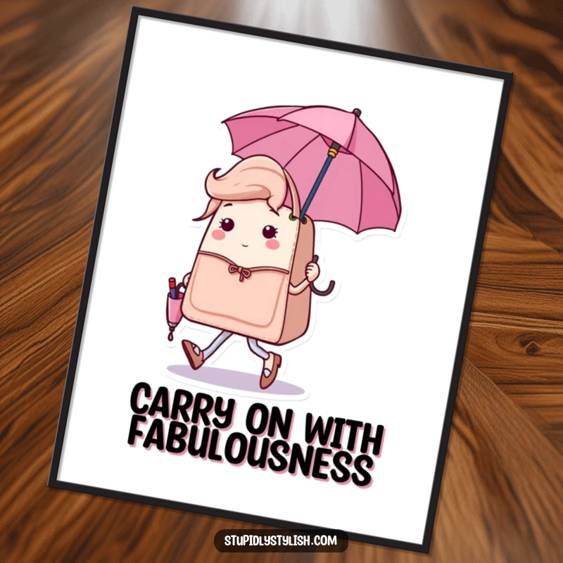 Free Printable Wall Art: A sassy handbag character struts with a tiny, matching umbrella, bringing fashionable flair to any room. Decor.