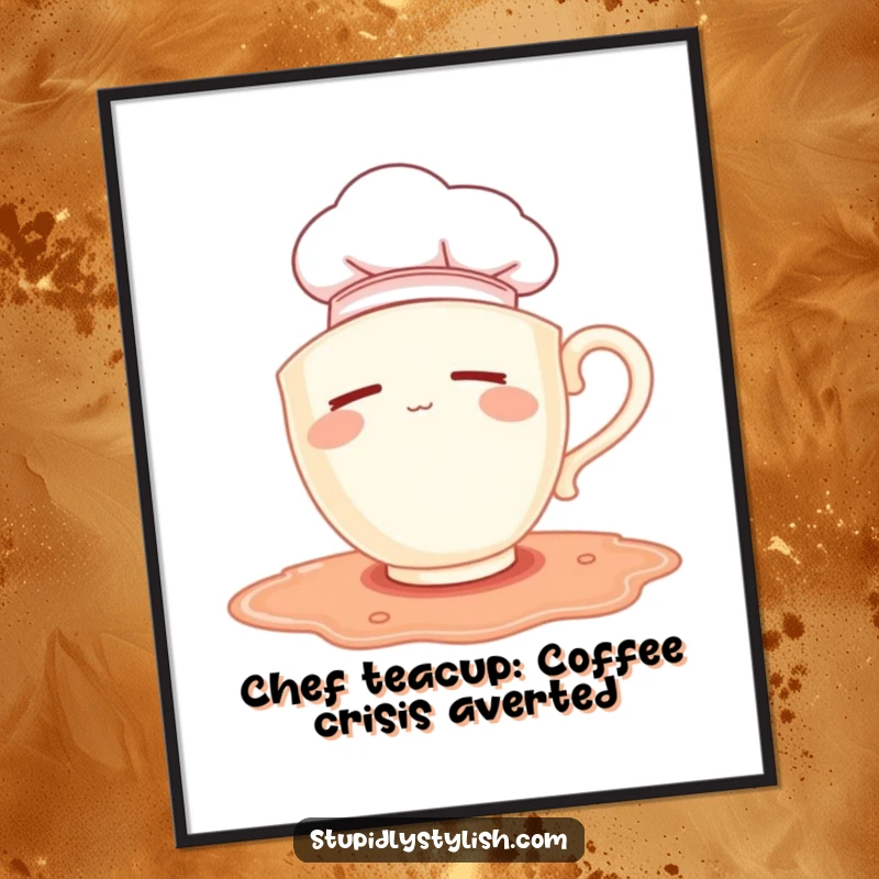 Funny Free Printable Wall Art depicting a sleepy teacup with a chef hat falling into a spilled puddle, conveying gentle humor and charm.