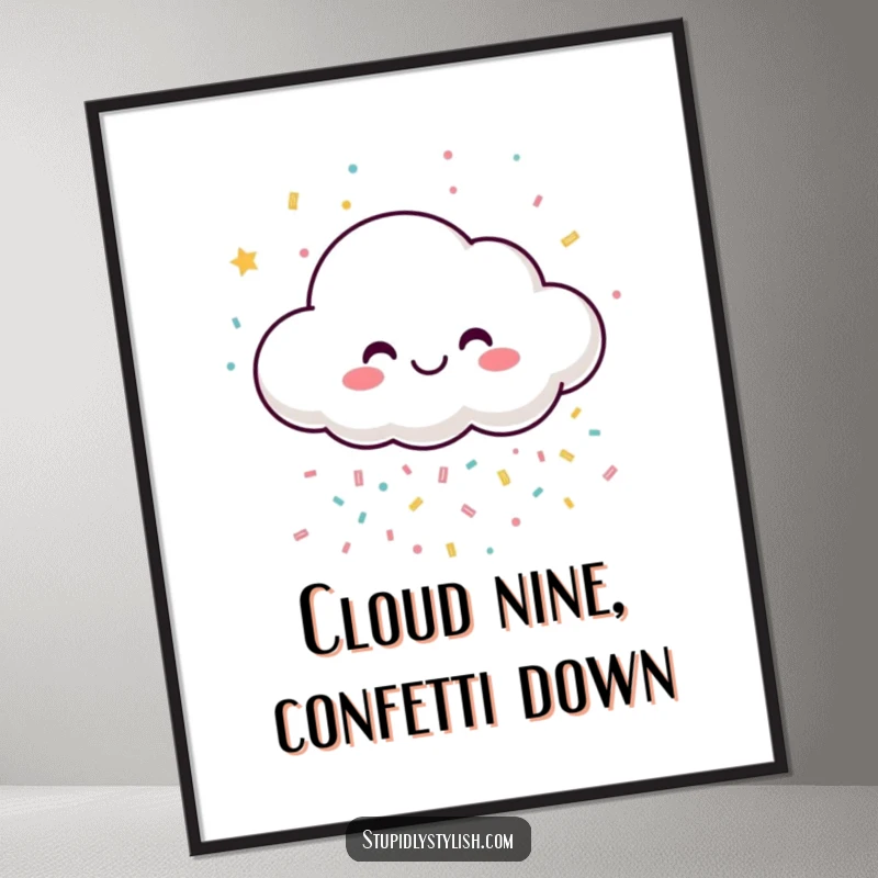 Funny Free Printable Wall Art: A happy cartoon cloud joyfully raining a cascade of colorful confetti, adding a festive and cheerful vibe.