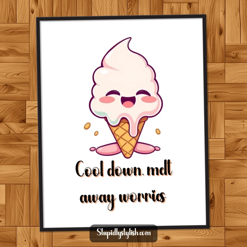 Funny Free Printable Wall Art of a giggling ice cream cone melting dramatically with a comical expression.