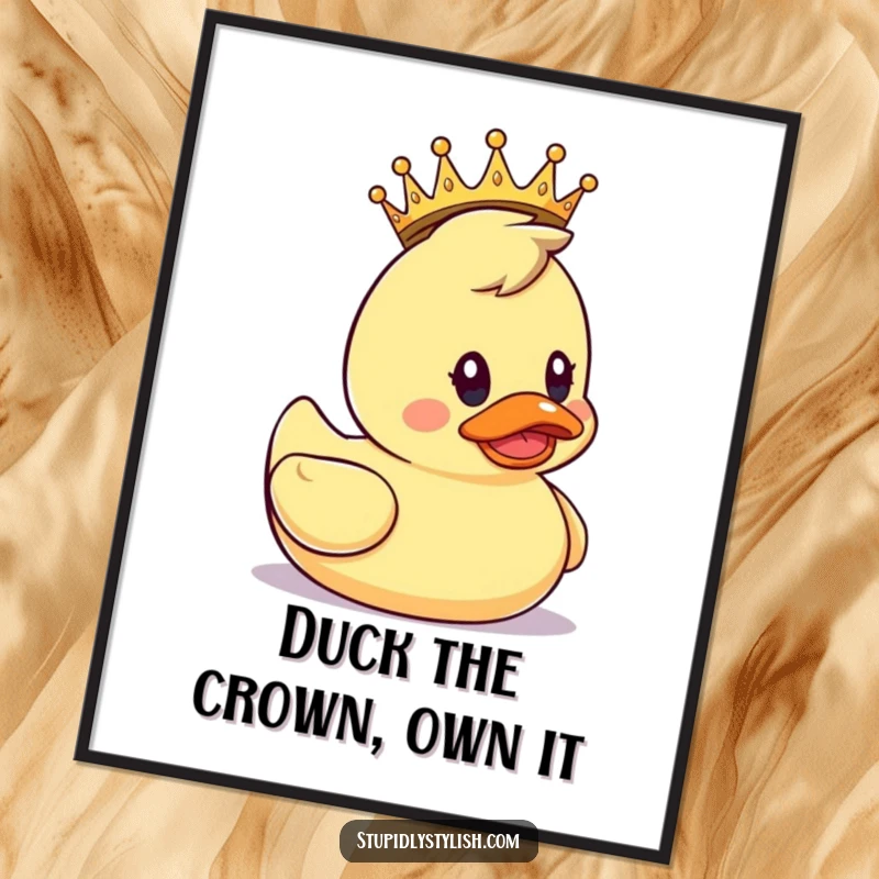 Funny Free Printable Wall Art: A rubber duck wearing a tiny golden crown, looking surprised and charming.