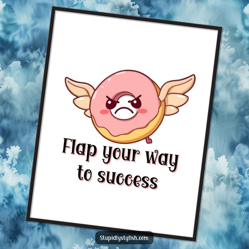 Funny free printable wall art: A grumpy donut with pastry wings attempts to fly, looking hilariously flustered and failing.