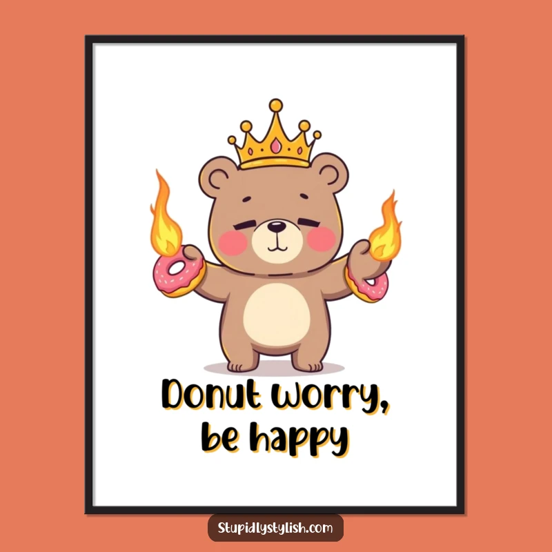 Free Printable Flaming Donut Bear Wall Art - Juggling Crowned Decor