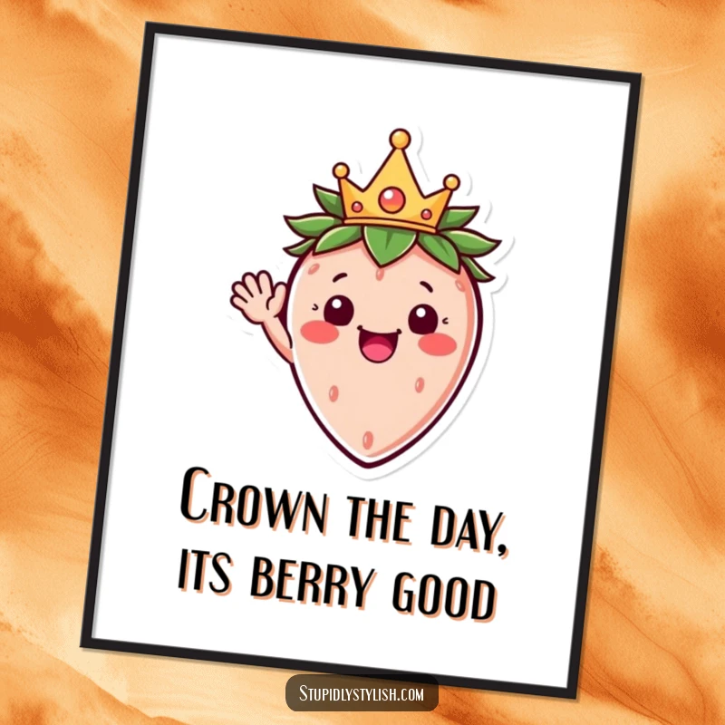 Funny Free Printable Wall Art: A happy strawberry character wearing a tiny crown and waving, bringing joy to walls.