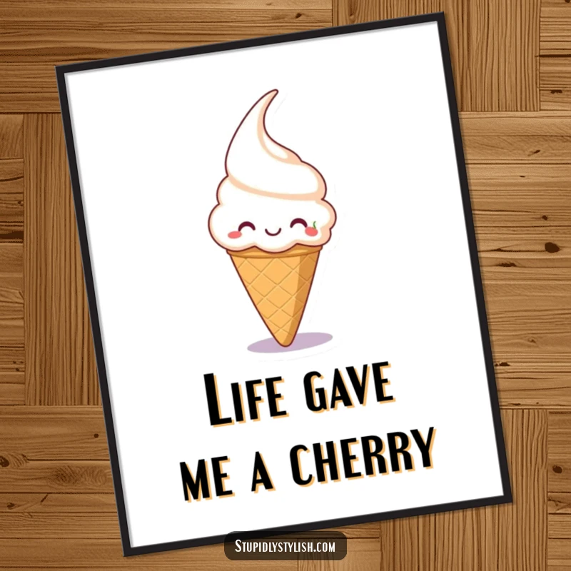 Funny Free Printable Wall Art of a silly ice cream cone with a huge grin chasing a falling cherry.
