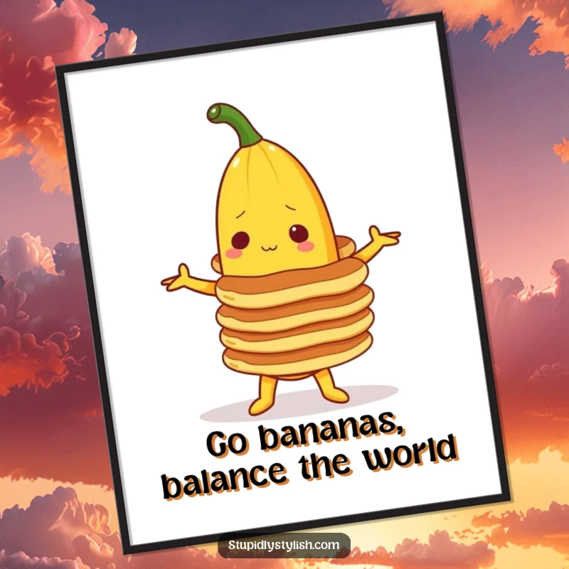 Funny Free Printable Wall Art depicting a banana character in the midst of balancing a tall, wobbly stack of pancakes.