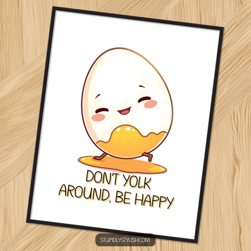 Funny Free Printable Wall Art: A clumsy egg character tripping over its own yolk, adding humorous and quirky decor.