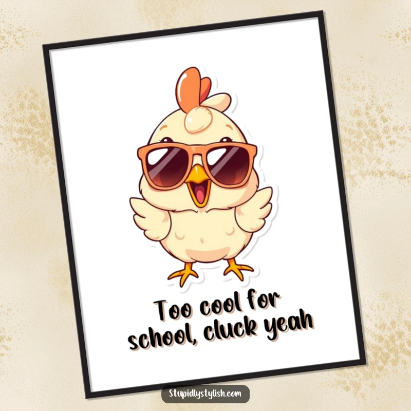 Funny Free Printable Wall Art of a surprised chicken in oversized sunglasses, exuding cool and quirky vibes.
