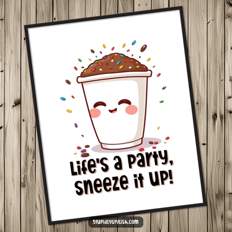 Funny free printable wall art: A cheerful coffee cup character sneezes a vibrant explosion of sprinkles, creating a whimsical decor piece.