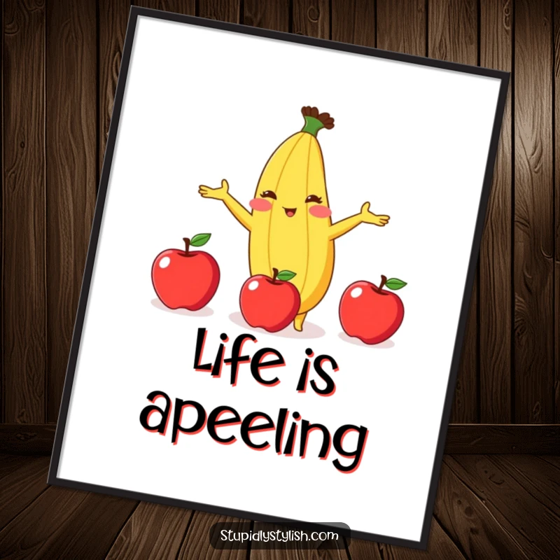 Funny Free Printable Wall Art: An anthropomorphic banana with rosy cheeks, skillfully juggling three apples.