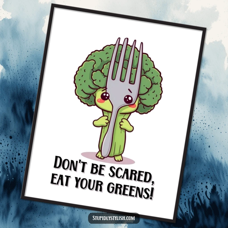 Funny Free Printable Wall Art: Scared broccoli character peeking from behind a huge fork, a humorous and unique art piece.