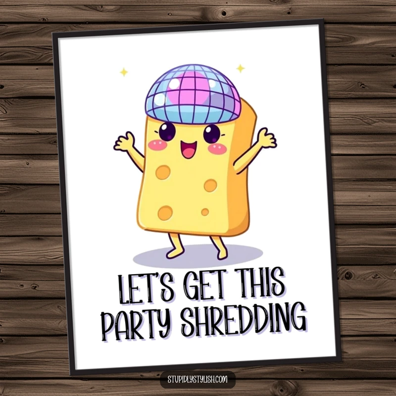 Funny Free Printable Wall Art: A piece of cheese is enthusiastically dancing under a shining disco ball.
