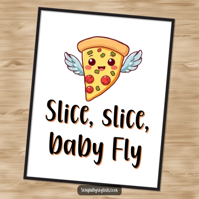 Funny Free Printable Wall Art: A slice of pizza with tiny, delicate wings flying joyfully, pizza wall art.