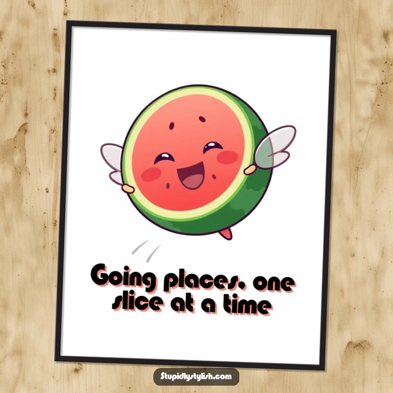 Funny Free Printable Wall Art: A whimsical watermelon slice with outstretched arms joyfully attempting to fly, bringing smiles.
