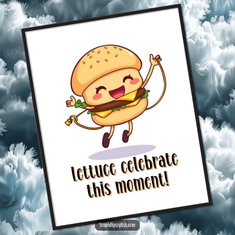 Funny Free Printable Wall Art: A giggling hamburger character jumping rope with a strand of cheese, creating humorous and fun decor.