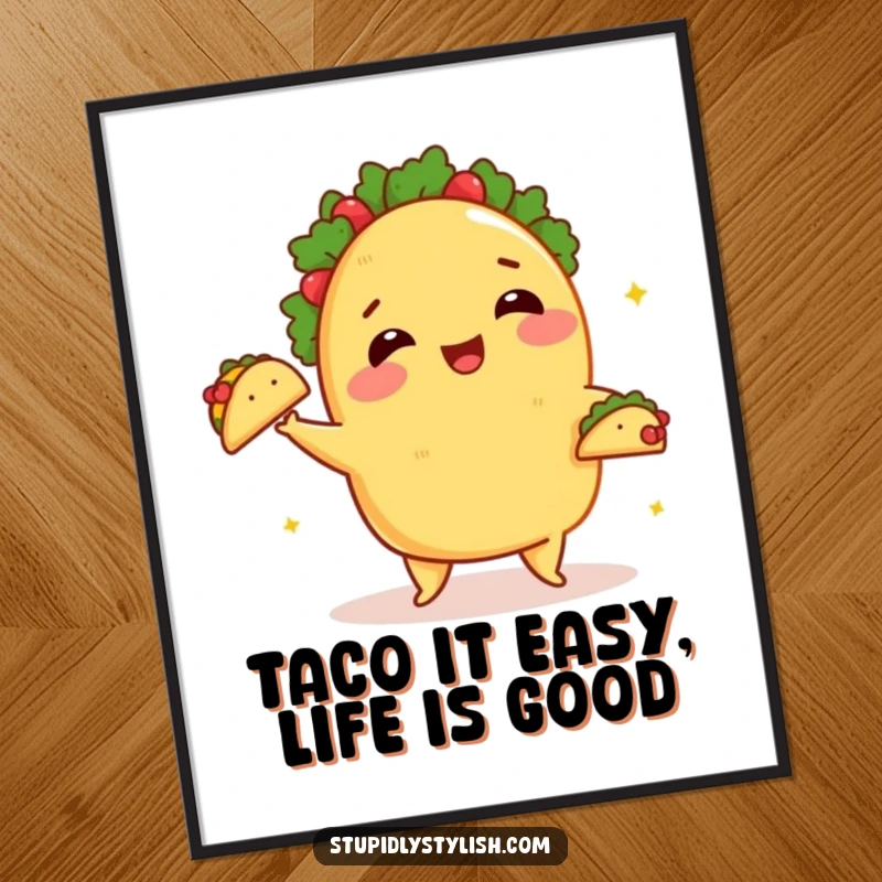 Funny Free Printable Wall Art: A happy blushing taco juggling tiny tacos with wings, fun food art.