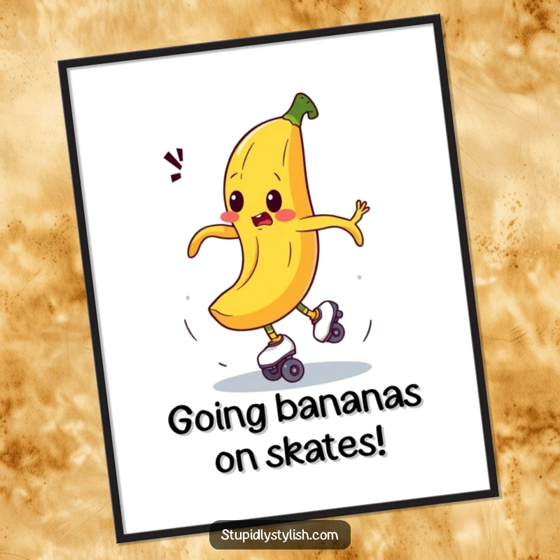 Funny Free Printable Wall Art: Bewildered banana comically spinning out of control while wearing roller skates, absurd art.
