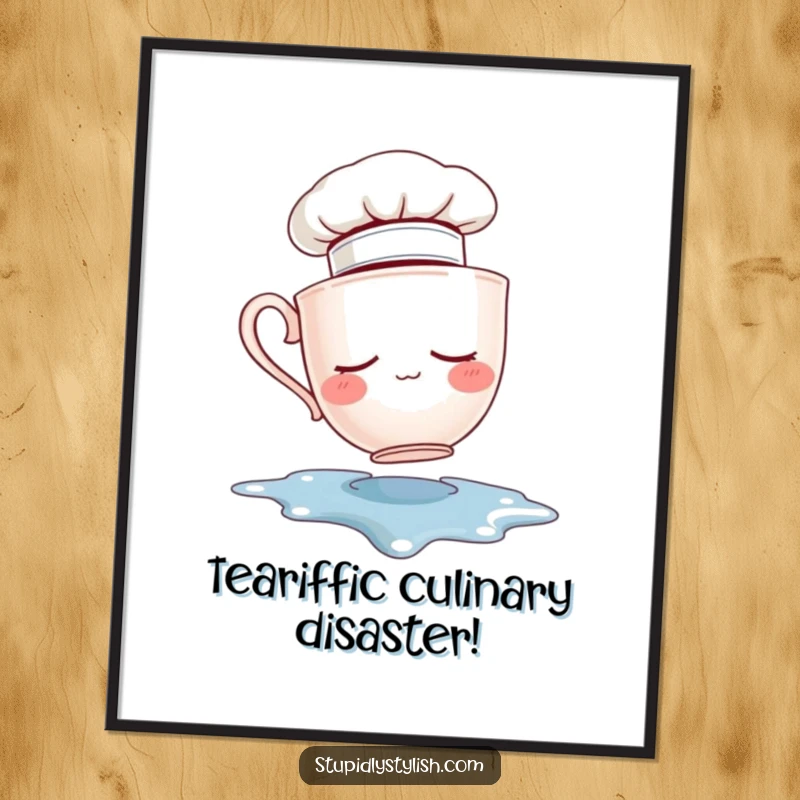 Funny Free Printable Wall Art: A sleepy teacup wearing a tiny chef hat falls into a spilled puddle, looking adorably clumsy.