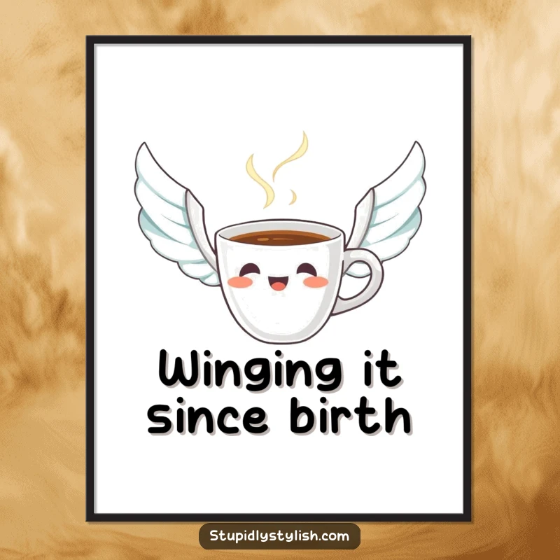 Funny Free Printable Wall Art: Startled coffee cup with steam trails resembling wings, adding a touch of whimsy.