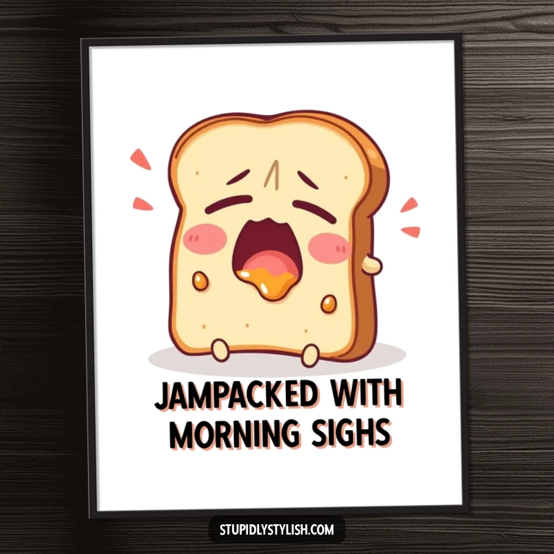 Funny Free Printable Wall Art of a tired toast yawning widely with jam, embodying relatable exhaustion.