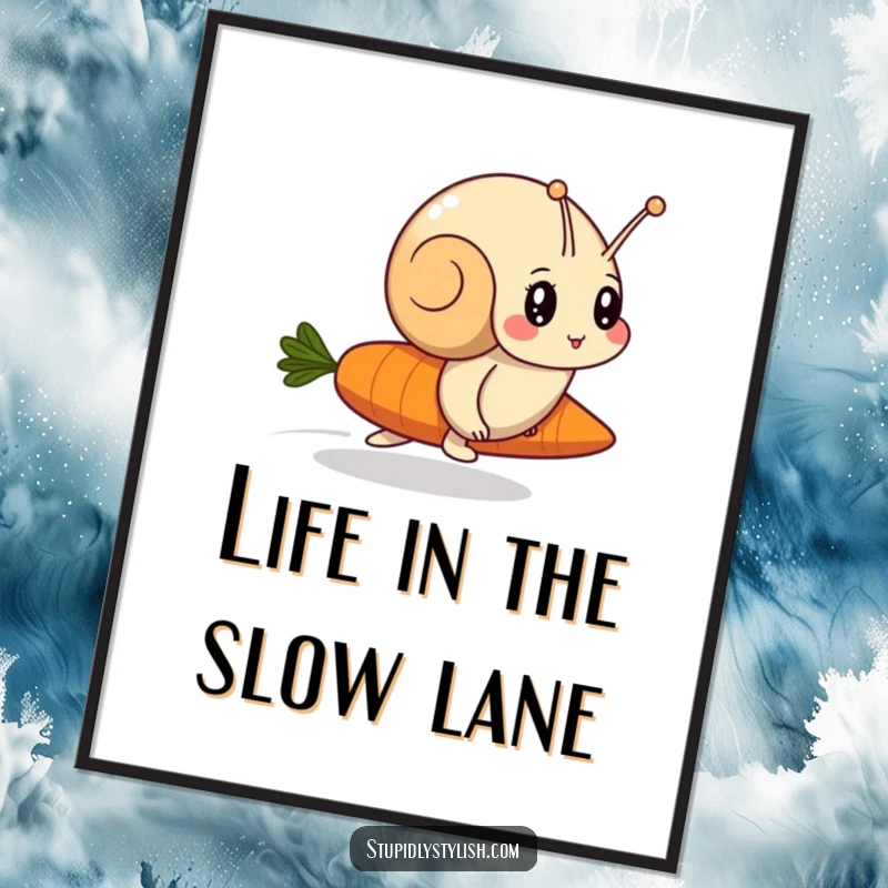 Funny Free Printable Wall Art: A determined snail is comically racing a speedy carrot, creating a whimsical and humorous piece of art.