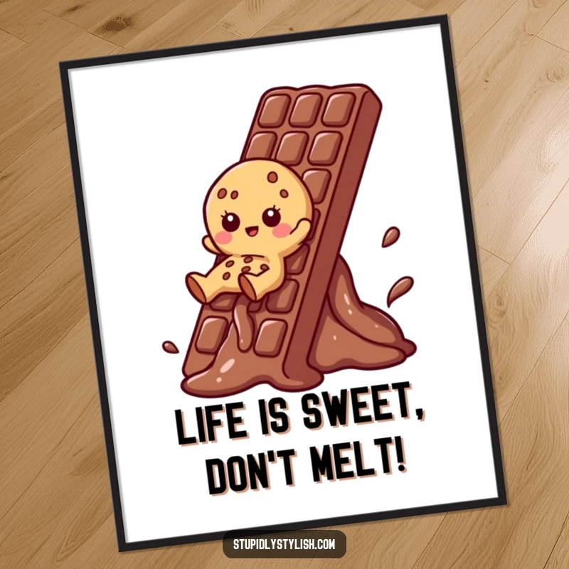 Funny Free Printable Wall Art: A playful cookie character having a blast sliding down a giant melting chocolate bar, creating fun decor.