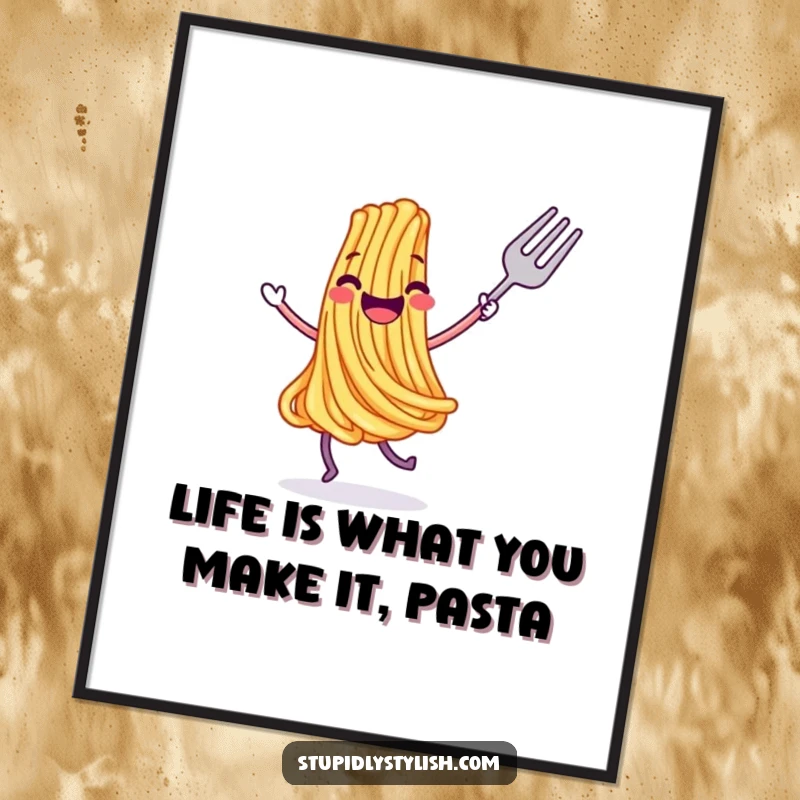 Funny Free Printable Wall Art: A joyful spaghetti strand twirling with a fork, radiating happiness and culinary cheer.