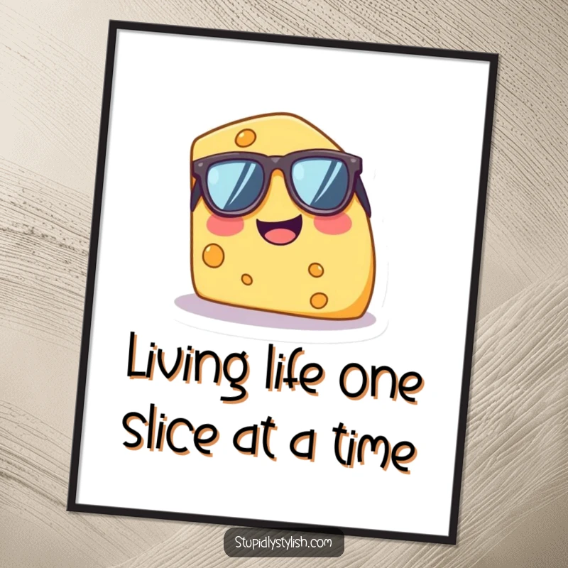 Funny Free Printable Wall Art: A cool cheese wedge with oversized sunglasses, radiating giggles and sunshine, perfect for quirky decor.