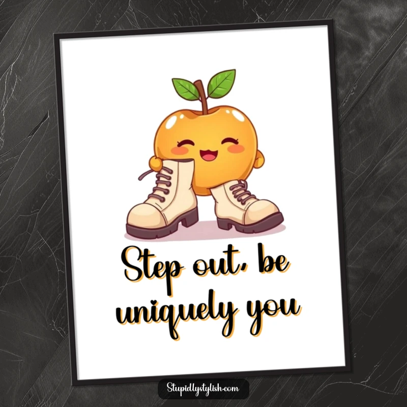 Funny Free Printable Wall Art: a cute apple character attempting to wear enormous, mismatched shoes, embarking on a comical journey.