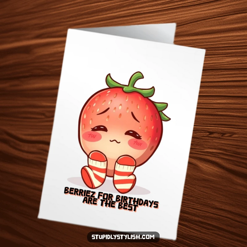 Funny Free Printable Birthday Card: A blushing strawberry in mismatched socks, looking hilariously confused but cheerful.