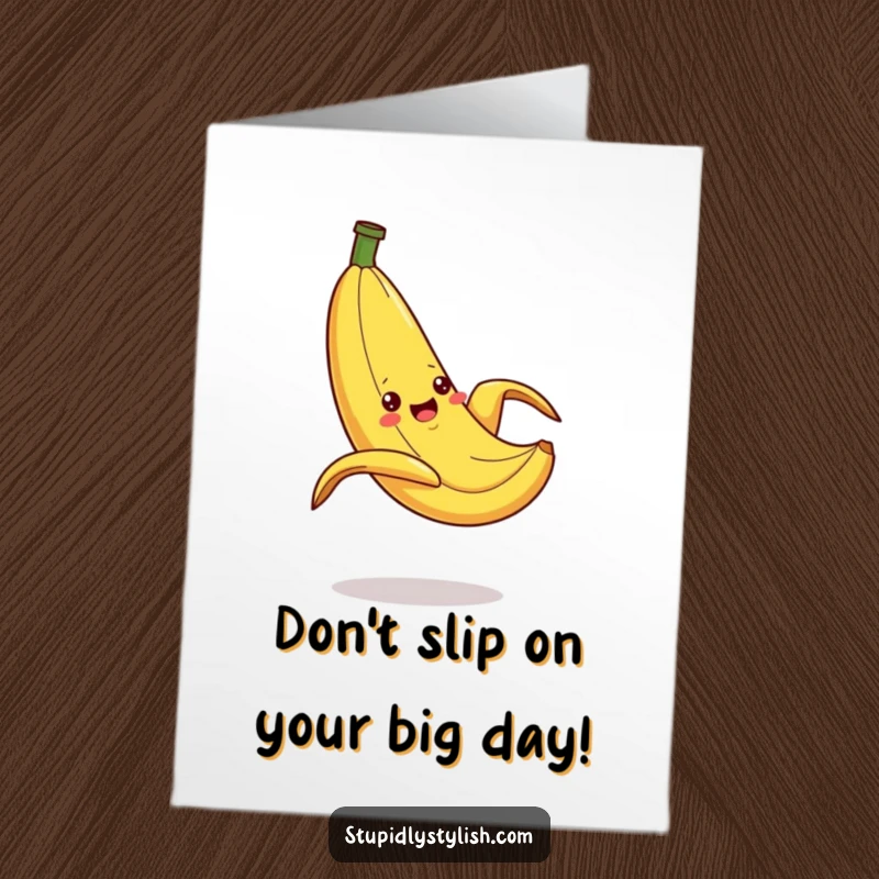 Funny Free Printable Birthday Card showing a banana dramatically slipping on its own peel with exaggerated motion.