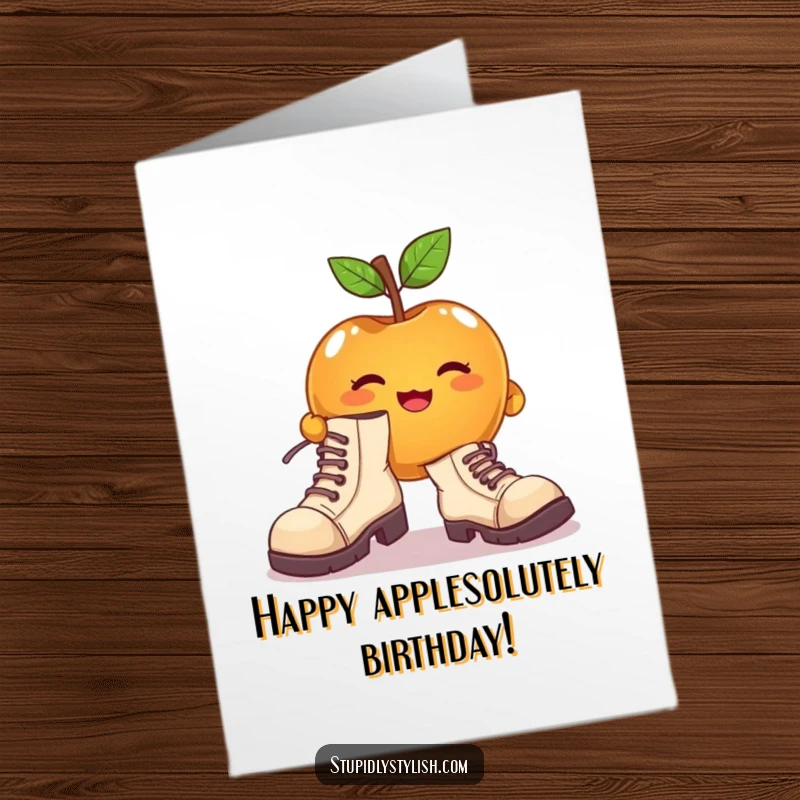 Funny Free Printable Birthday Card: a cute apple character hilariously trying to wear enormous, mismatched shoes, stumbling with joy.