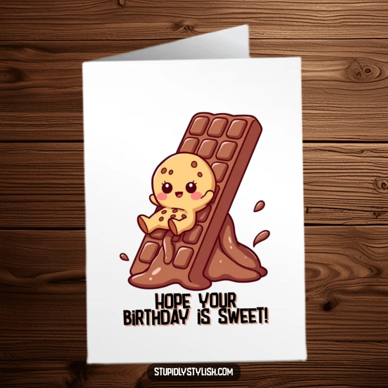 Funny Free Printable Birthday Card: Playful cookie character sliding down a giant melting chocolate bar, celebrating a birthday with delight.