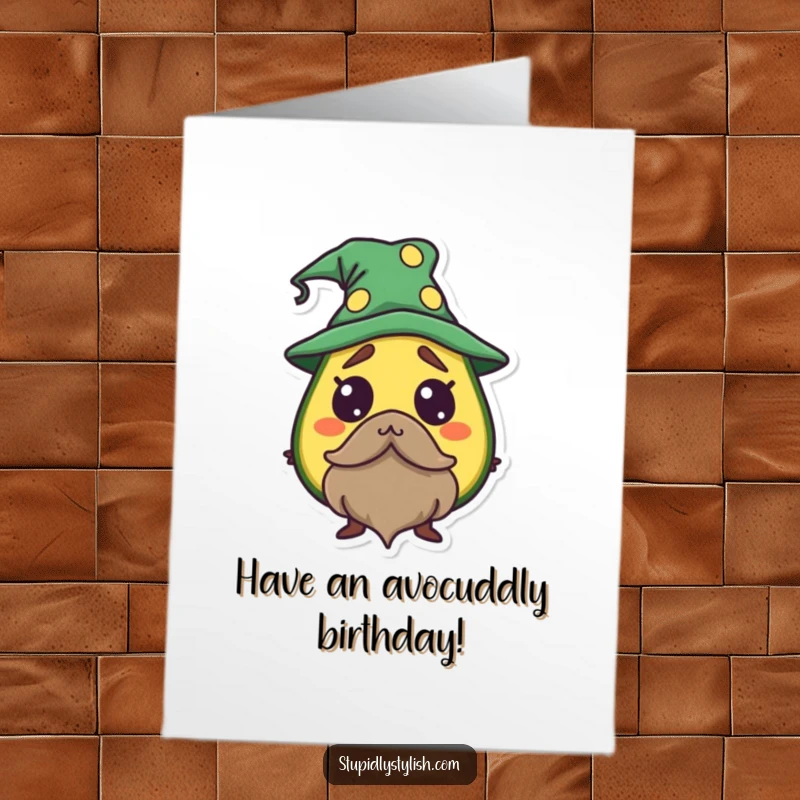 Funny Free Printable Birthday Card: Startled avocado character wearing a tiny wizard hat and beard, casting funny birthday magic.