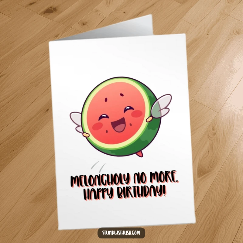 Funny Free Printable Birthday Card: A joyful watermelon slice with tiny wings bravely attempting to fly, spreading smiles.