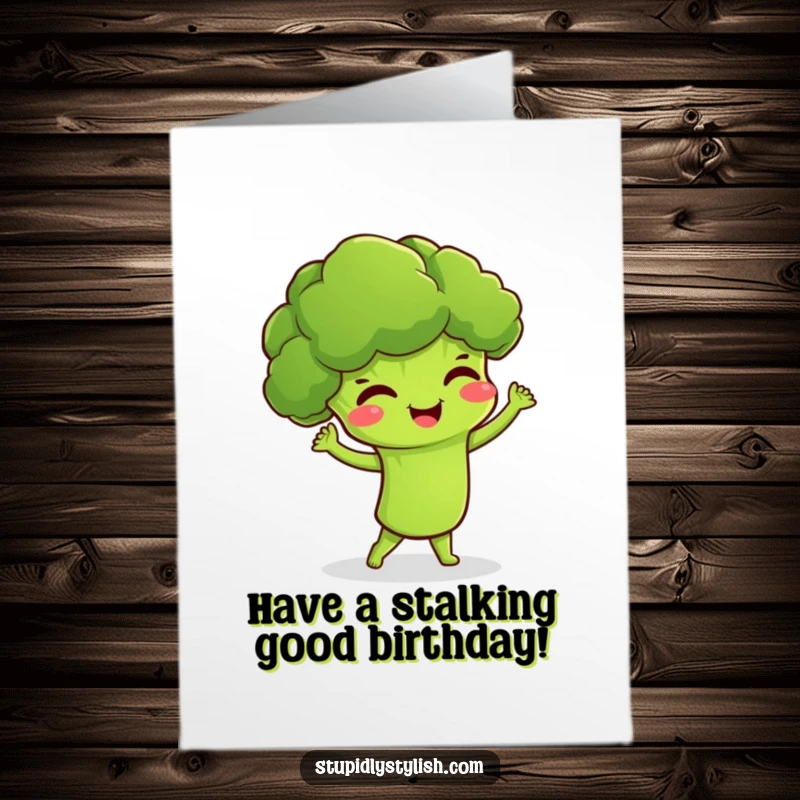 Funny Free Printable Birthday Card: Giggling broccoli character doing a silly dance move, perfect for a fun DIY gift.