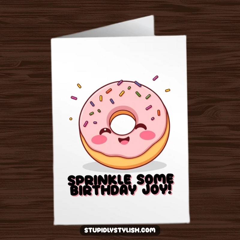 Funny Free Printable Birthday Card: Giggling donut with sprinkles flying off, conveying pure joy, great for DIY greetings.