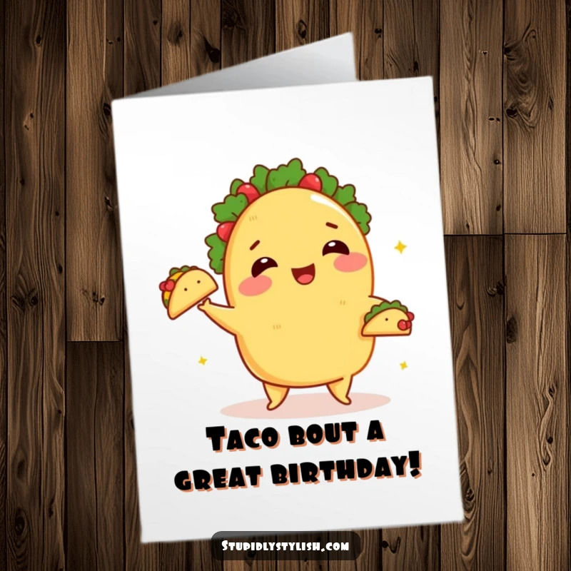 Funny Free Printable Birthday Card: A happy, blushing taco juggles smaller tacos, celebrating a birthday.