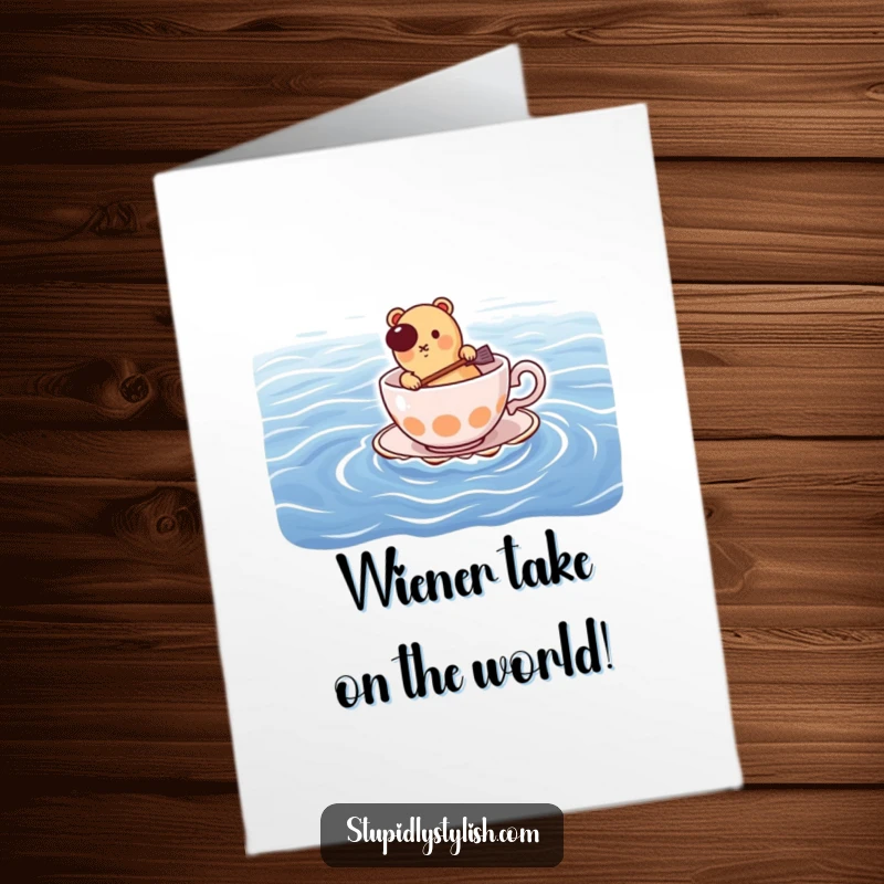 Funny Free Printable Birthday Card featuring a determined hot dog paddling a teacup on a vast ocean, ready for adventure.