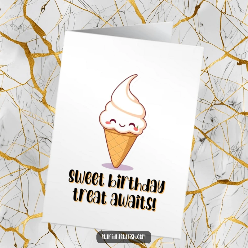 Funny Free Printable Birthday Card: a grinning ice cream cone hilariously tries to catch a falling cherry.
