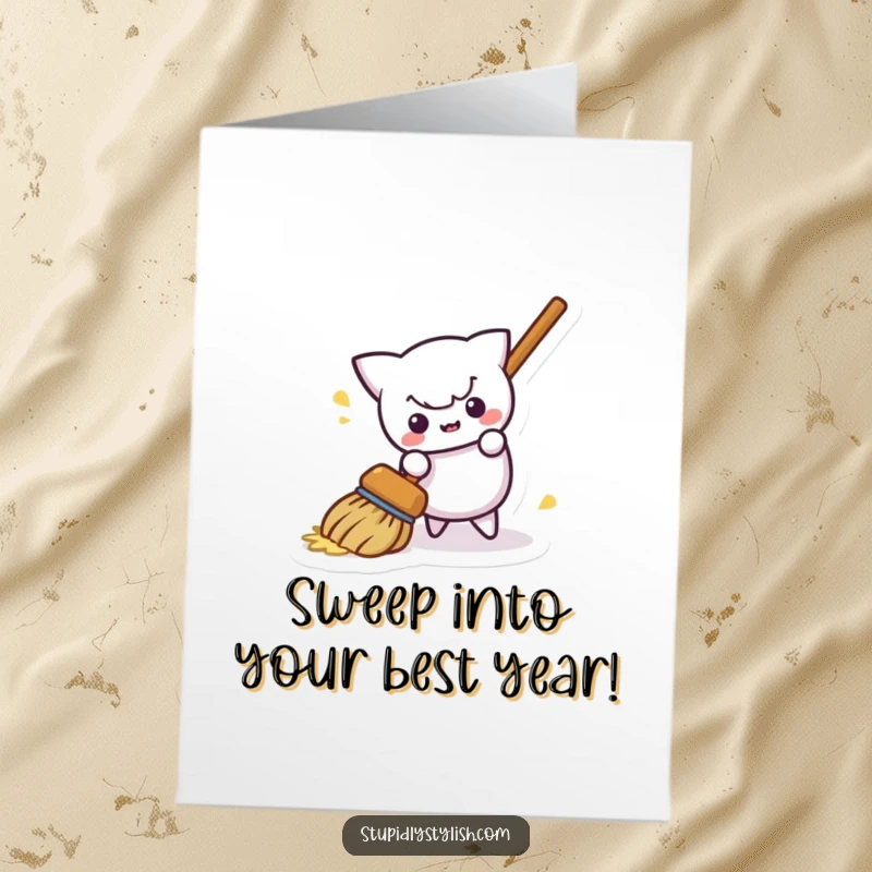 Funny Free Printable Birthday Card: A mischievous cartoon broom is hilariously sweeping itself away, wishing a Happy Birthday with a wink.