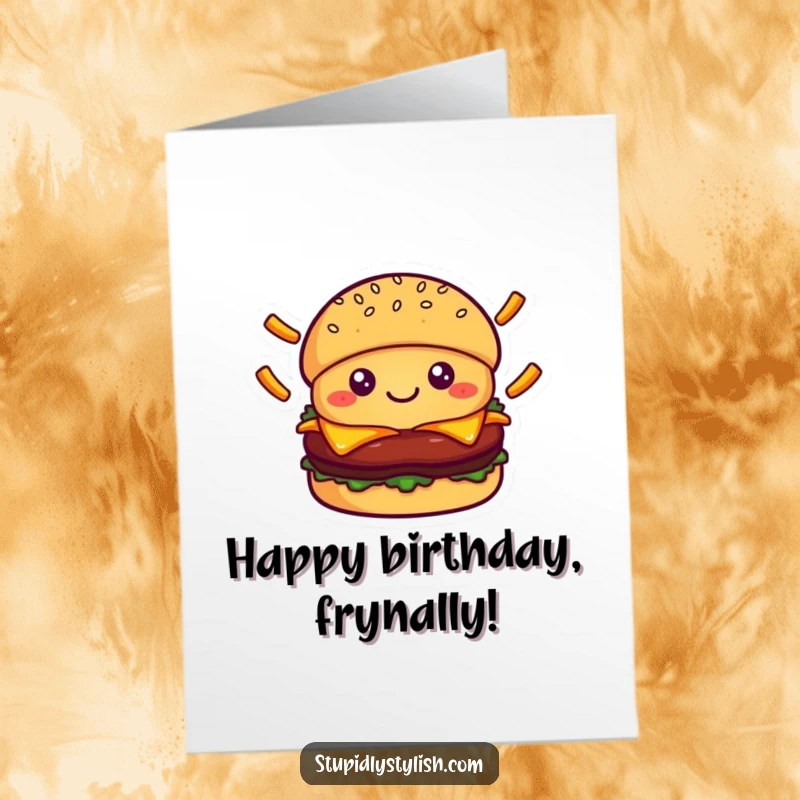 Funny Free Printable Birthday Card: Smiling kawaii burger character expertly juggling a cascade of falling french fries.