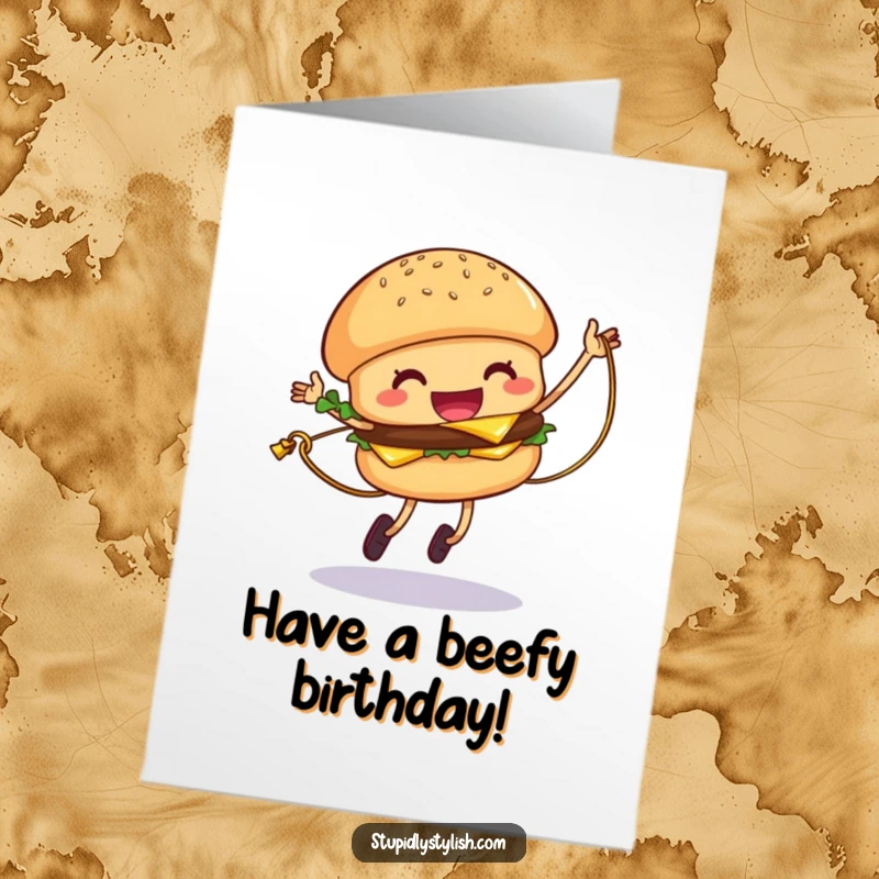 Funny Free Printable Birthday Card: Giggling hamburger character jumping rope with a strand of cheese, celebrating a birthday with energy.