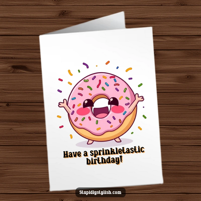 Funny Free Printable Birthday Card featuring an excited donut energetically juggling colorful sprinkles with a happy expression.