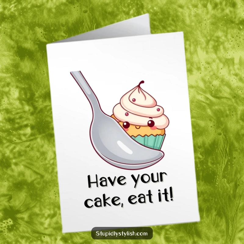 Funny Free Printable Birthday Card featuring a bashful cupcake peeking from behind a comically oversized spoon, wishing a happy birthday.