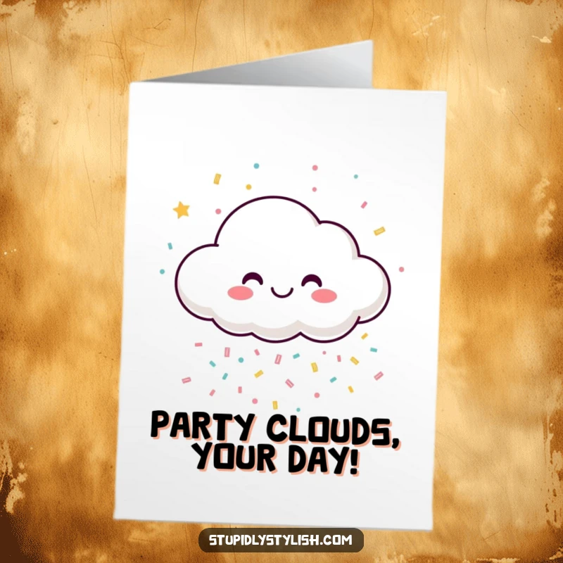 Funny Free Printable Birthday Card: A happy cartoon cloud is joyfully raining colorful confetti, wishing a festive Happy Birthday.