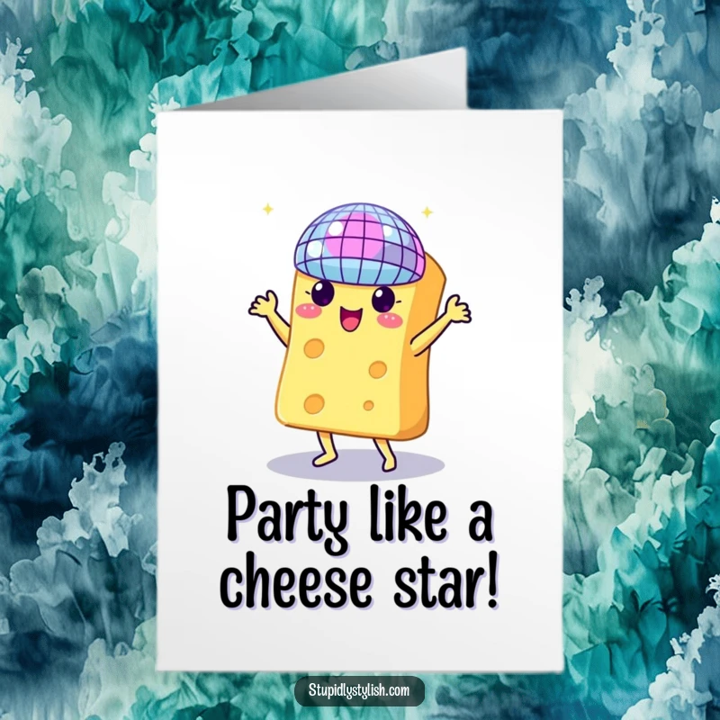 Funny Free Printable Birthday Card: A happy piece of cheese grooving under a disco ball, celebrating.