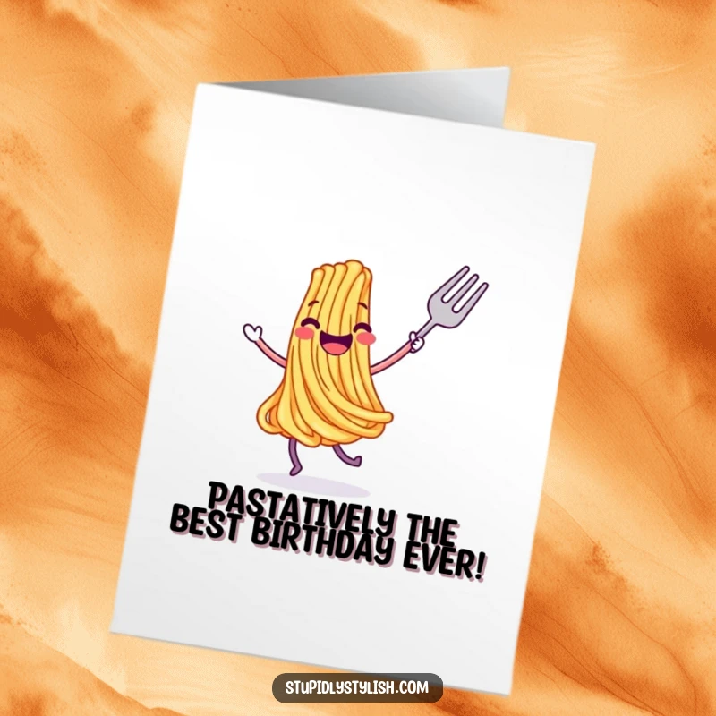 Funny Free Printable Birthday Card: A joyful spaghetti strand dancing with a fork, ready to celebrate a birthday.