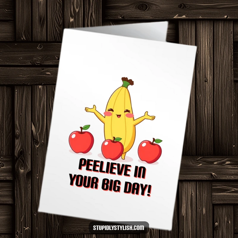 Funny Free Printable Birthday Card: Blushing anthropomorphic banana comically juggling three bright red apples.