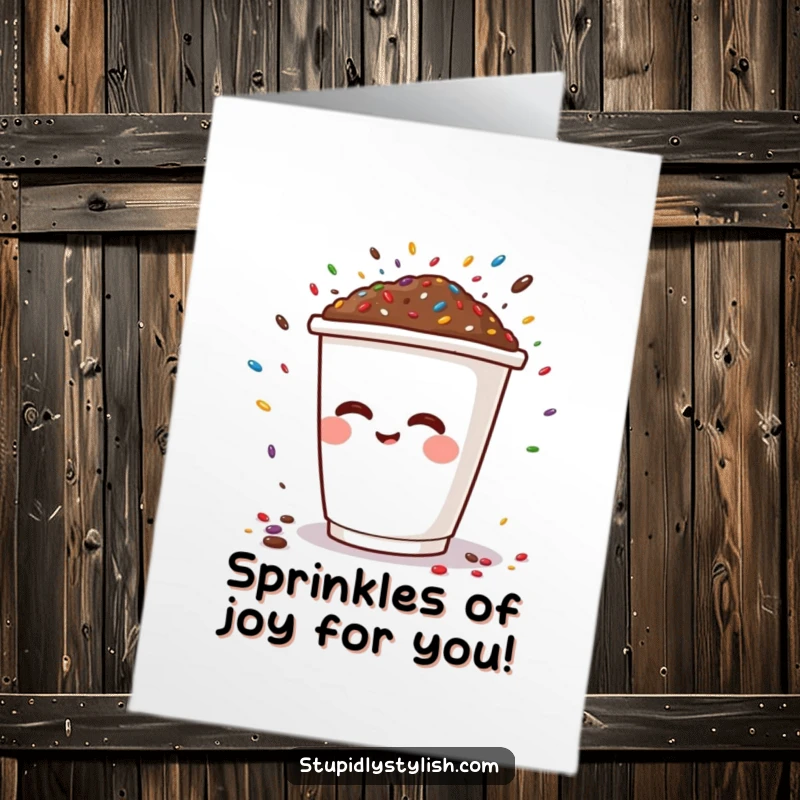 Funny free printable birthday card: A cheerful coffee cup character joyfully sneezes colorful sprinkles during a festive celebration.